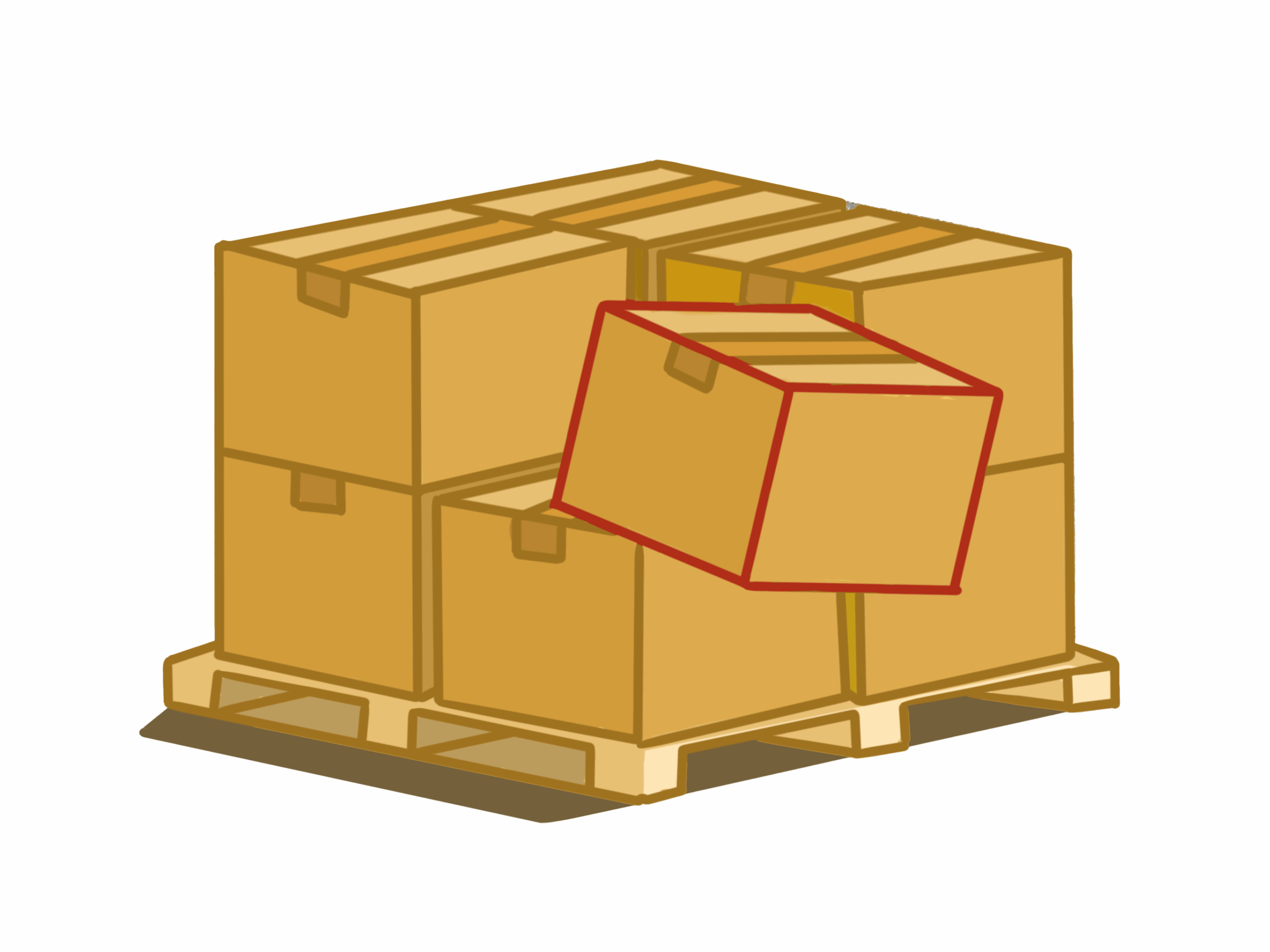 Hay varios paquetes apilados en un palé europeo. Uno de ellos se cae porque está marcado como «no apilable».