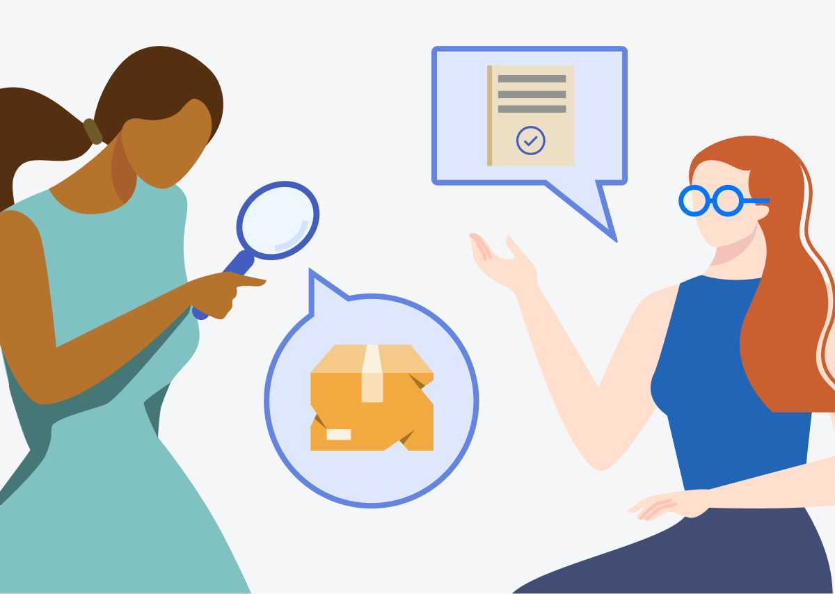 Illustration von zwei Personen, wovon die linke Person eine Lupe in der Hand hält und die rechte Person gestikuliert