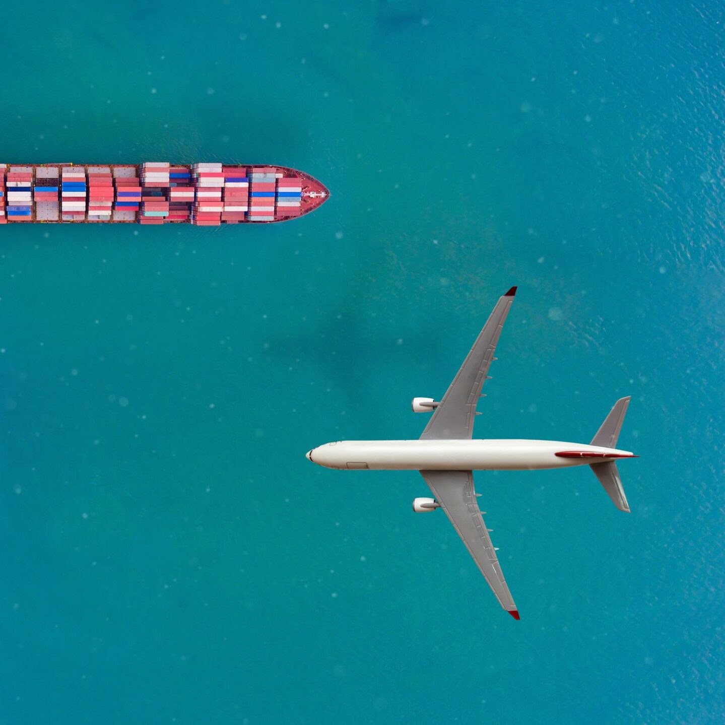 ¿Transporte marítimo o transporte aéreo? Avión sobrevolando el océano y buque portacontenedores a plena carga.