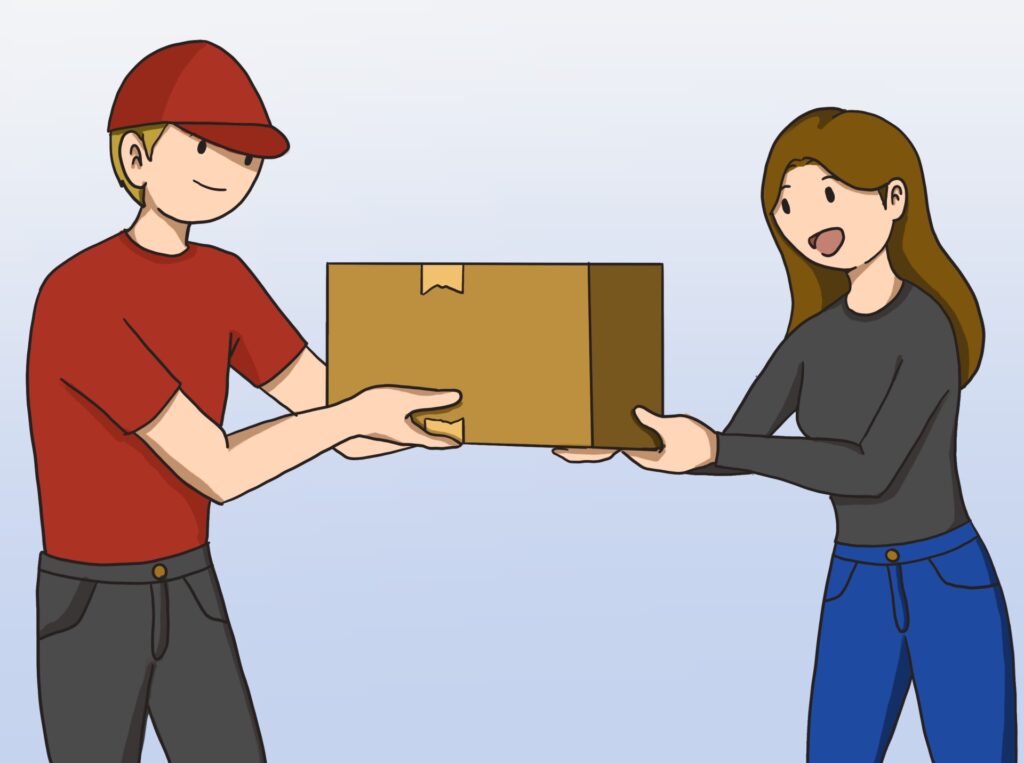 Illustration : Un livreur remet un colis à une destinataire.