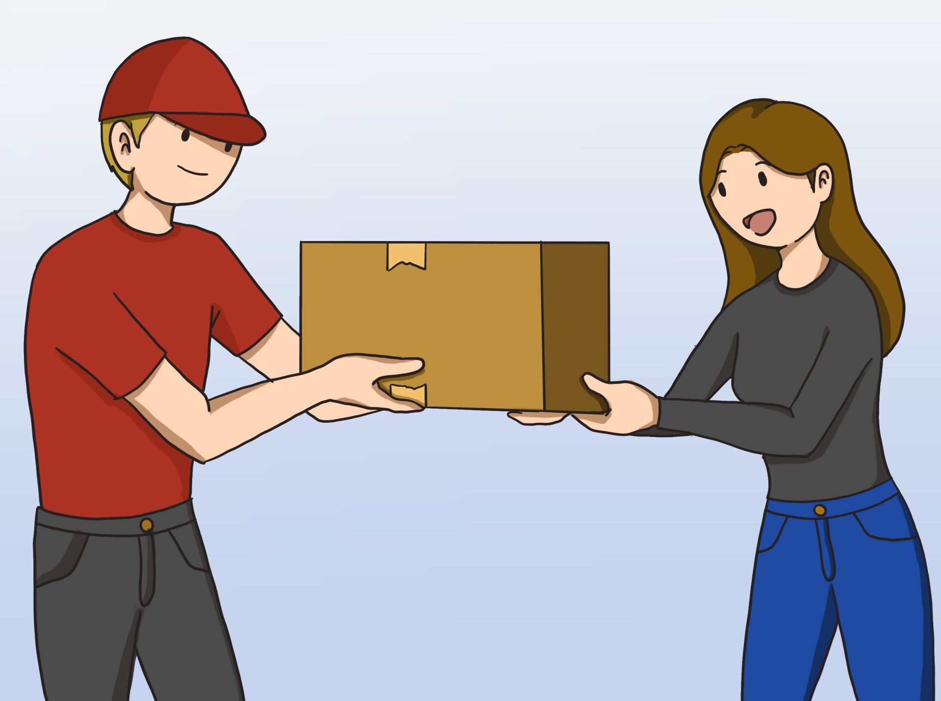 Männlicher Paketzusteller übergibt Paket an Empfängerin.