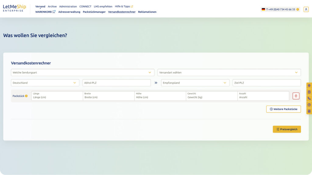 Bildschirmfoto von LetMeShip Enterprise