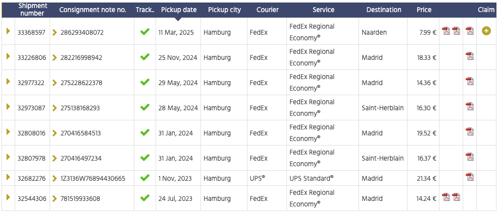 Der Screenshot zeigt einen Preisvergleich mit Sendungsnummer, Frachtbrief, Abholtermin und vielem mehr.