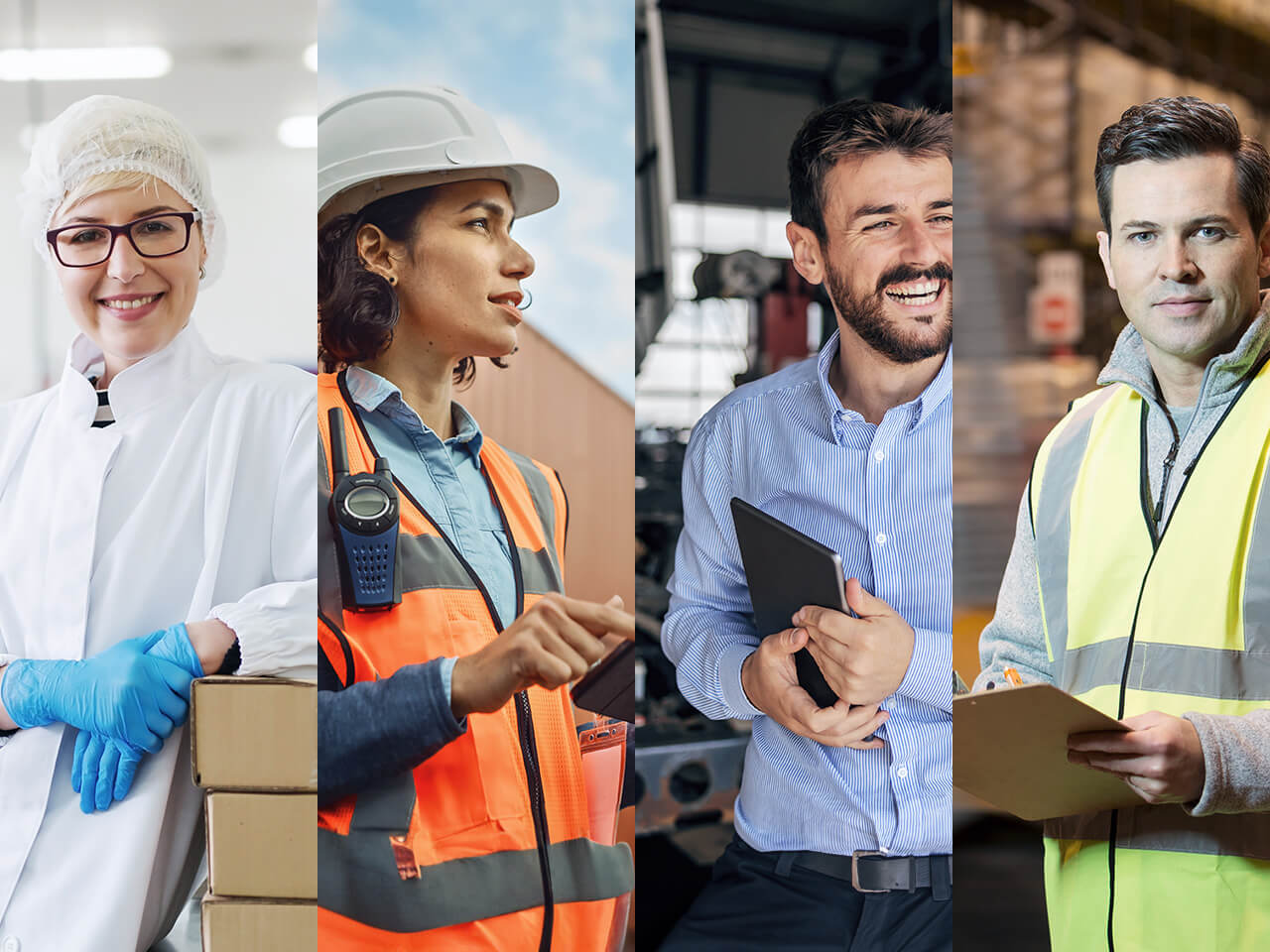 Collage mit 2 Frauen und 2 Männern in verschiedenen Berufen: Pharmazie, Logistik, Maschinenbau, Automobilindustrie.