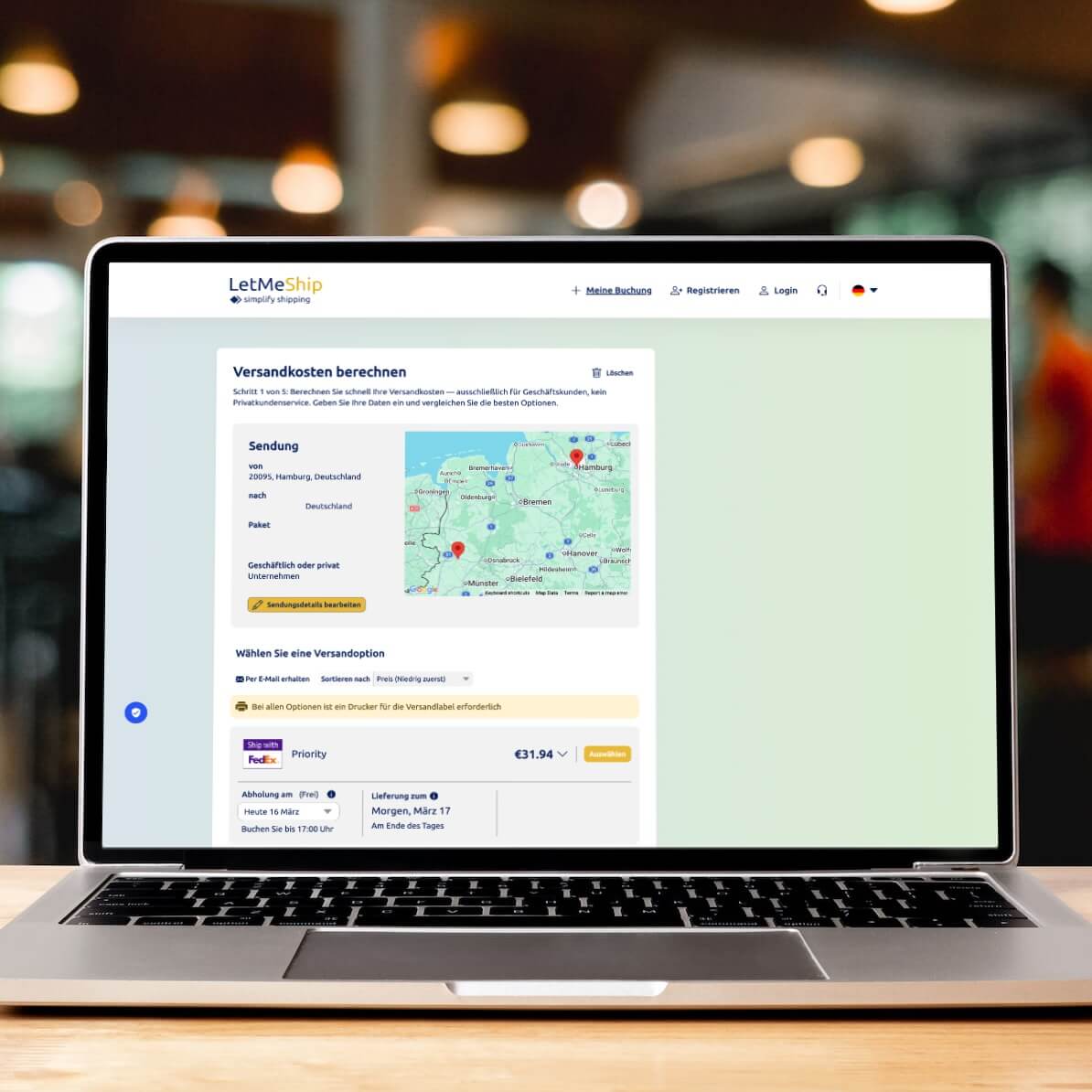 Die neue Art, professionell zu versenden: Screenshot mit Buchungsmaske im Versandkostenrechner.