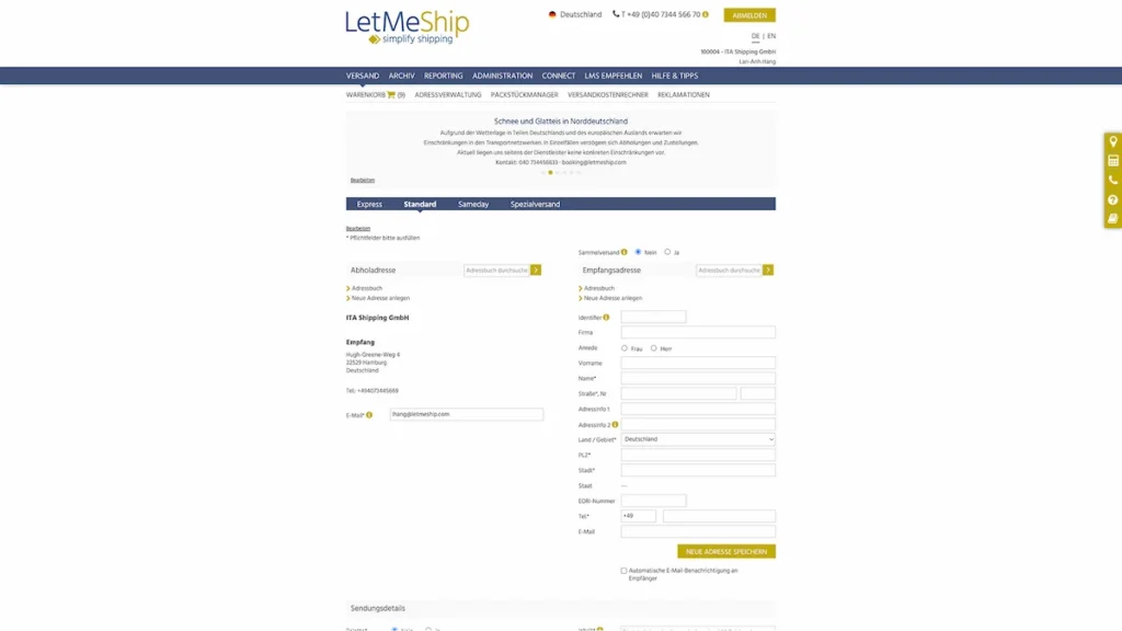 Bildschirmfoto von LetMeShip Enterprise