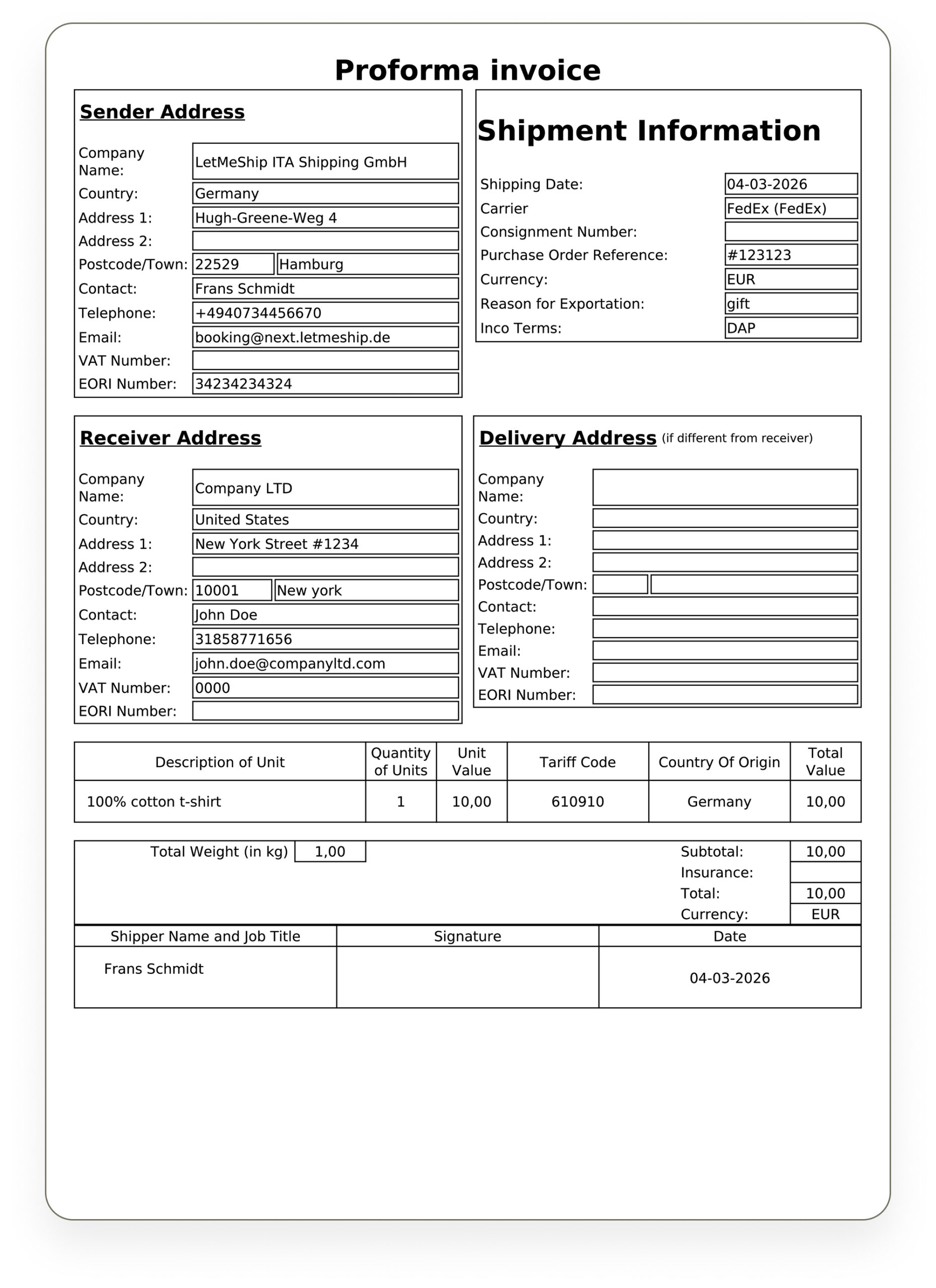 Beispiel einer Proformarechnung