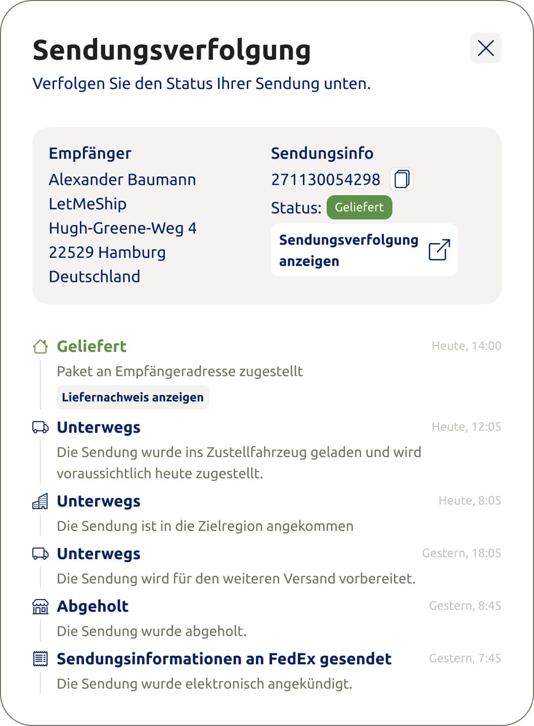 Darstellung einer Sendungsverfolgung