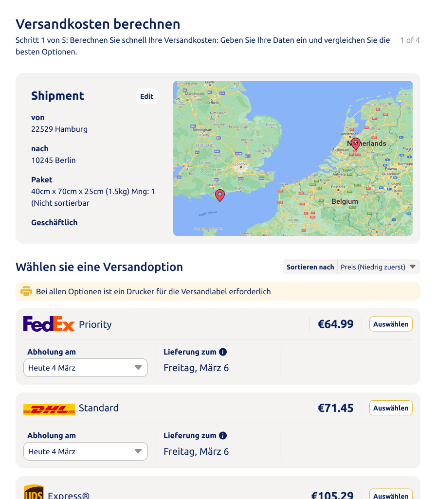 Versandmaske mit Carriern inklusive Preisen für Import/Export.