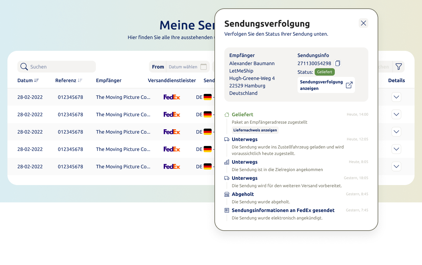 Bilder zeigen das Versandarchiv und eine typische Statusmeldung in der Sendungsverfolgung.
