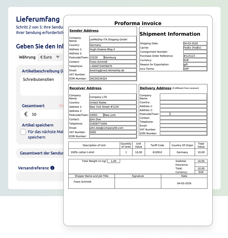 Bild zeigt eine typische Proformarechnung und einen Lieferschein.