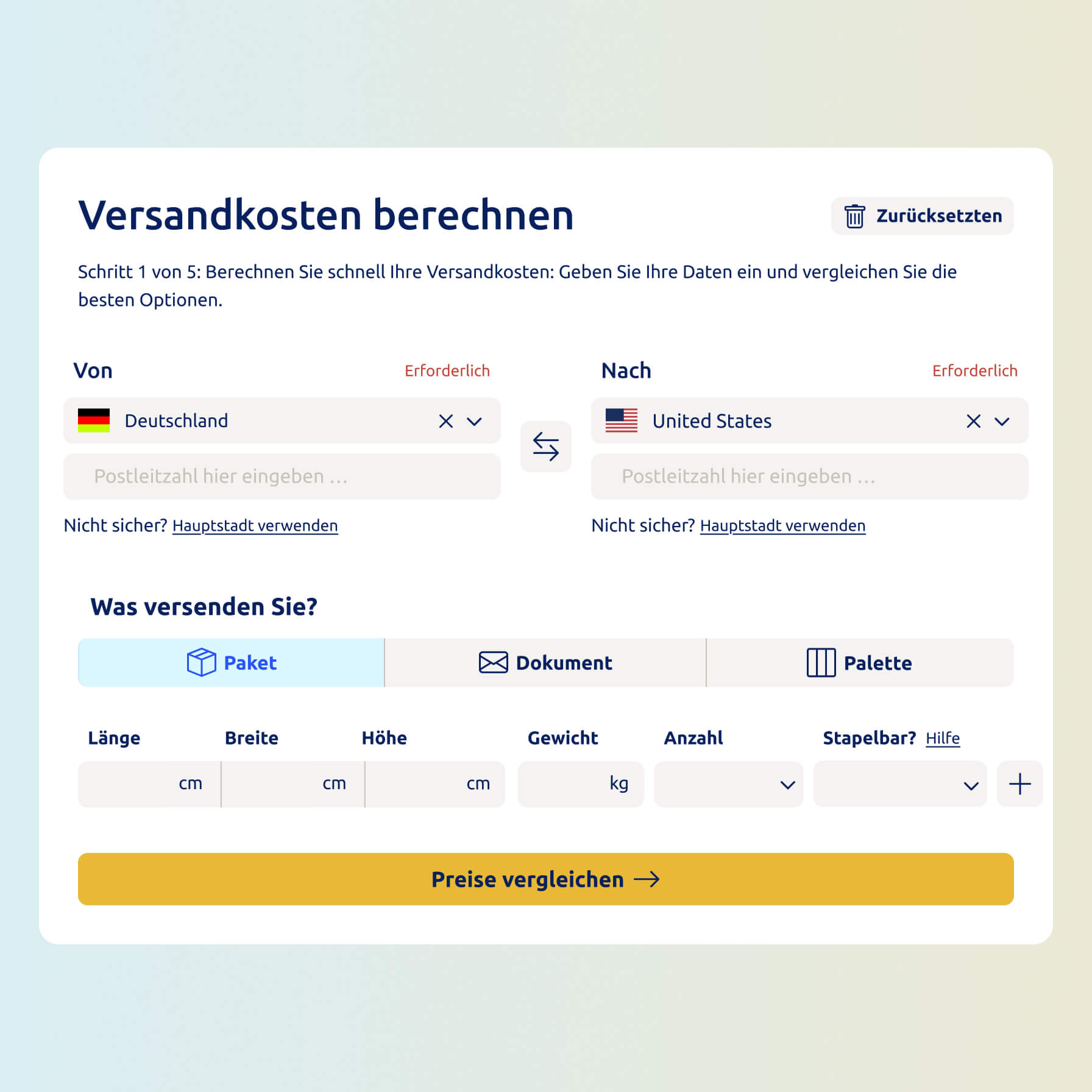Screen vom Versandkostenrechner