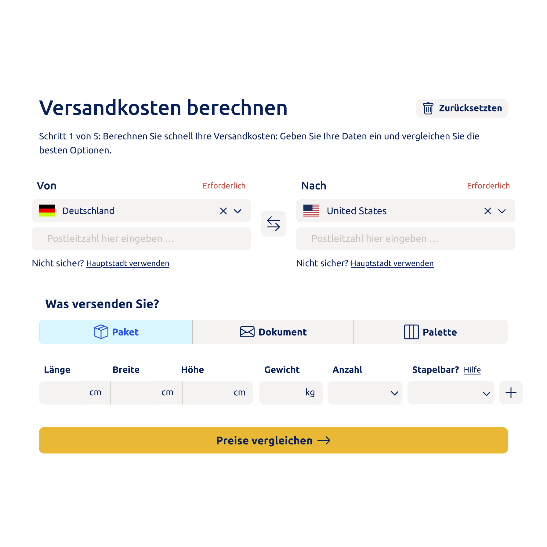 Darstellung des Versandkostenrechners