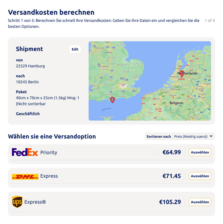 LetMeShip Next ist unsere neue Buchungsplattform: Screenshot zeigt Buchungsmaske mit Preisvergleich.