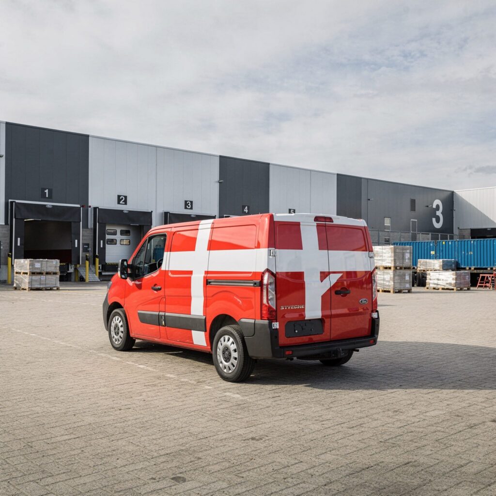 Paket nach Dänemark versenden – Lieferwagen mit dänischer Flagge