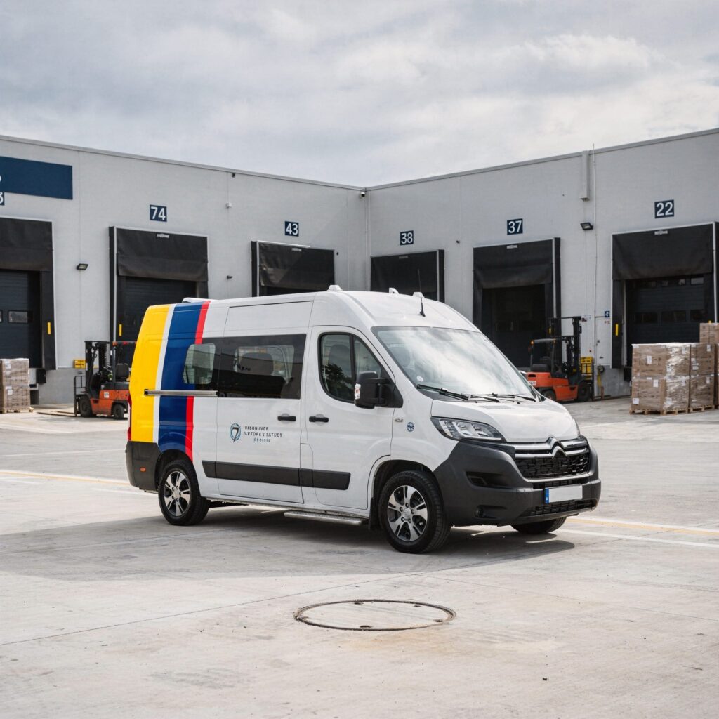 Paket nach Rumänien versenden – Logistikfahrzeug mit rumänischer Flagge