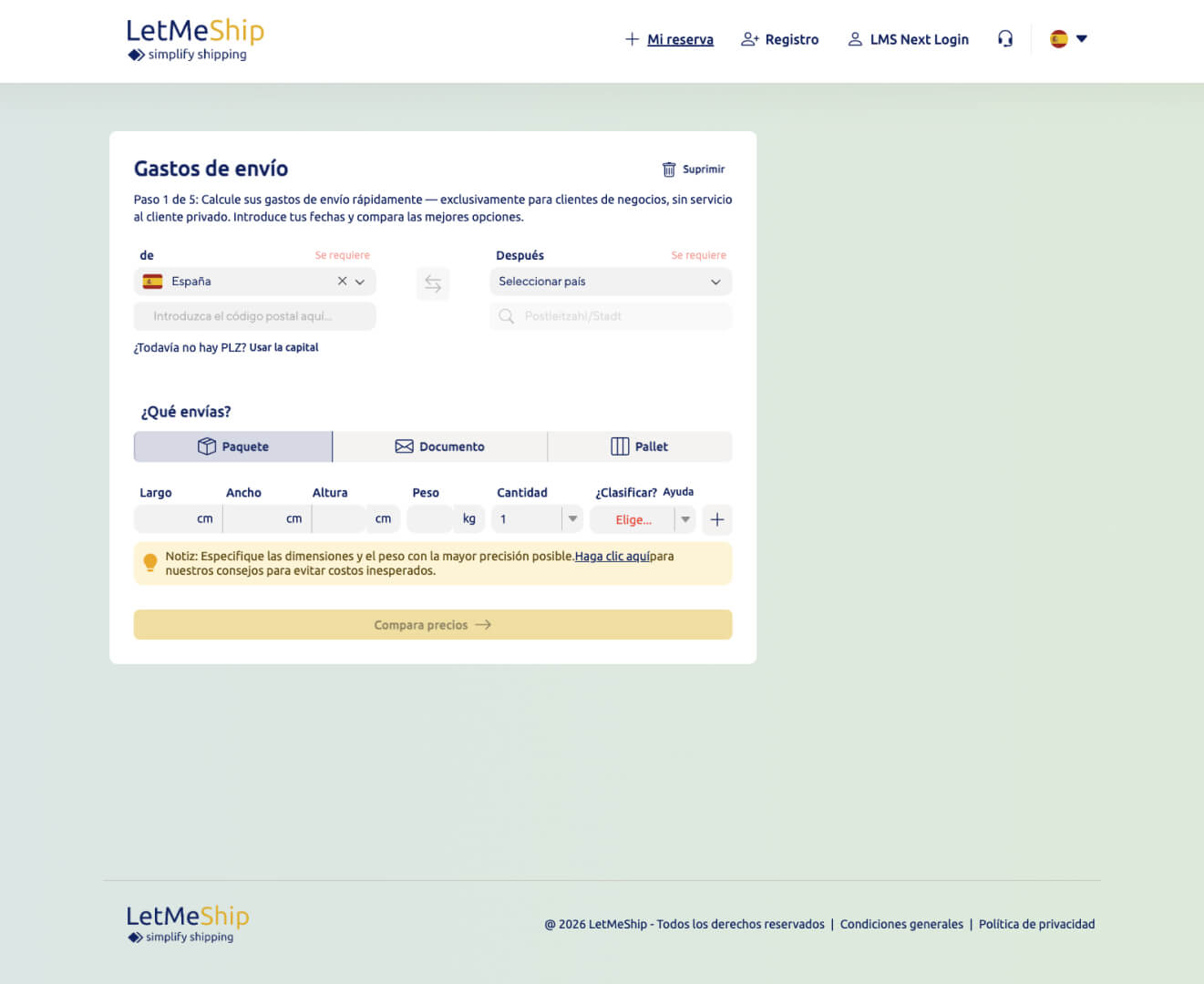 Formulario de reserva de la plataforma LetMeShip Next