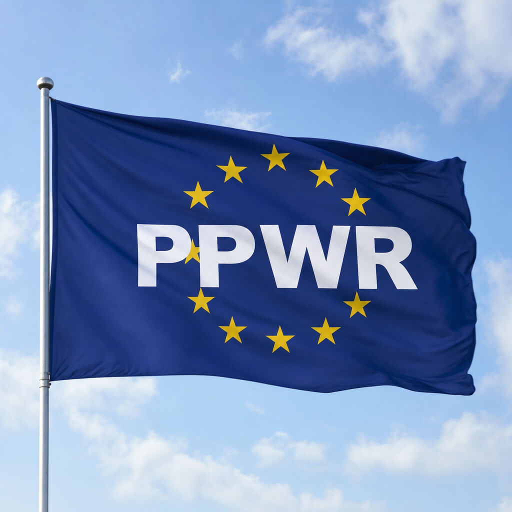 Verpackungsgesetz 2025/2026 (PPWR): Registrierung, LUCID Verpackungsregister & Verpackungslizenz. 3D-renderte PPWR-Flagge – Verpackungs- und Verpackungsabfallverordnung.
