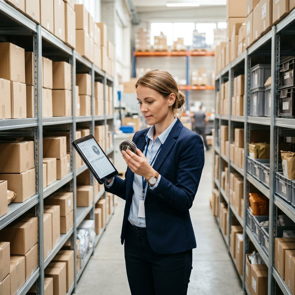 Logistik-Mitarbeiter ermittelt im Lager mit einem Tablet den passenden HS-Code einer Ware