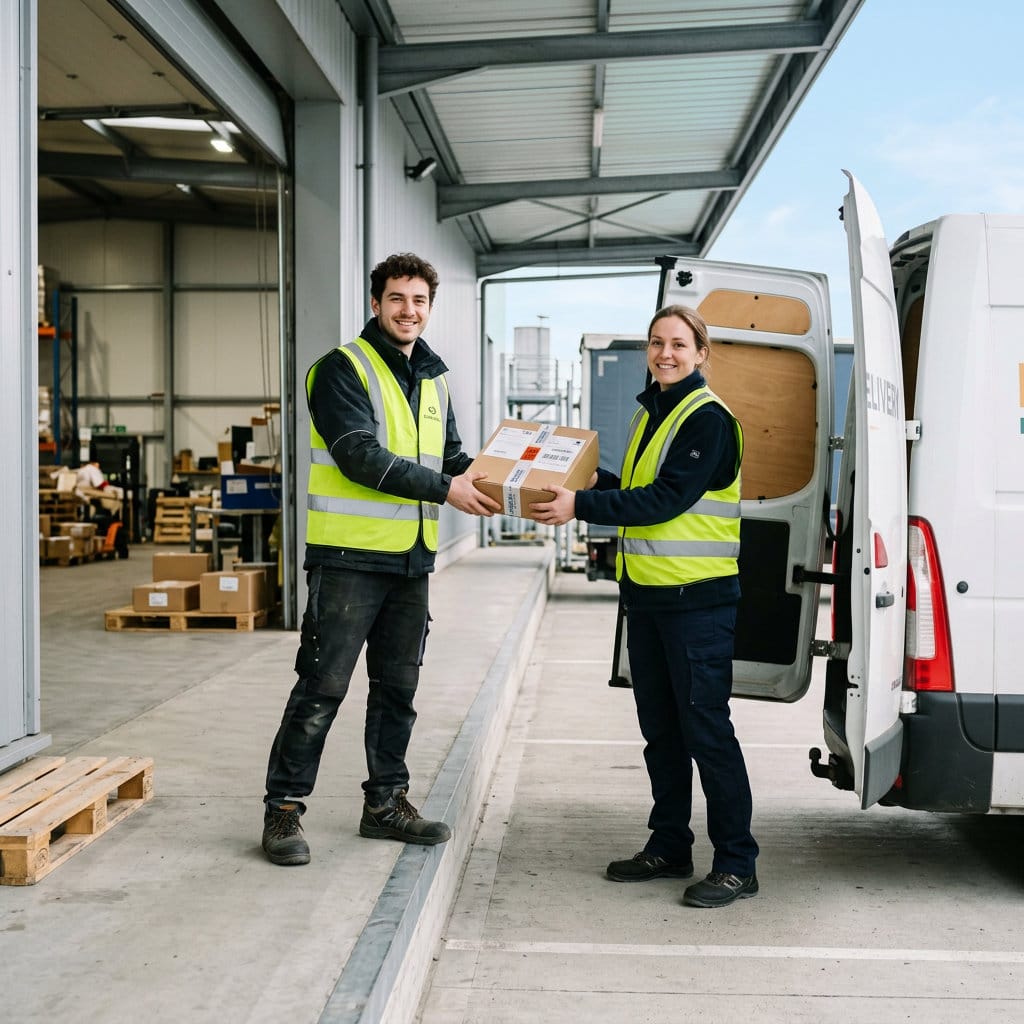 Paketübergabe zwischen Lagermitarbeiter und Fahrer an der Laderampe als Sinnbild für Incoterms