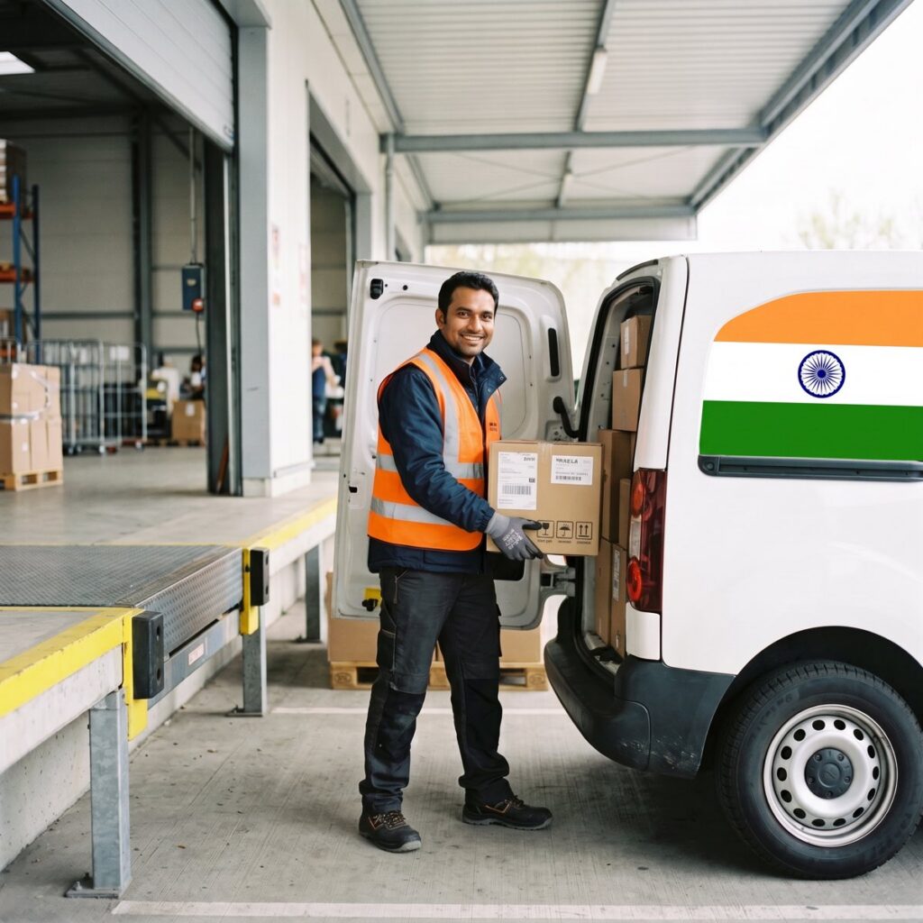 Das Freihandelsabkommen mit Indien bedeutet niedrigere Zölle für Exporteure. Lagermitarbeiter verlädt ein Paket in einen Lieferwagen mit indischer Flagge für den Versand nach Indien.