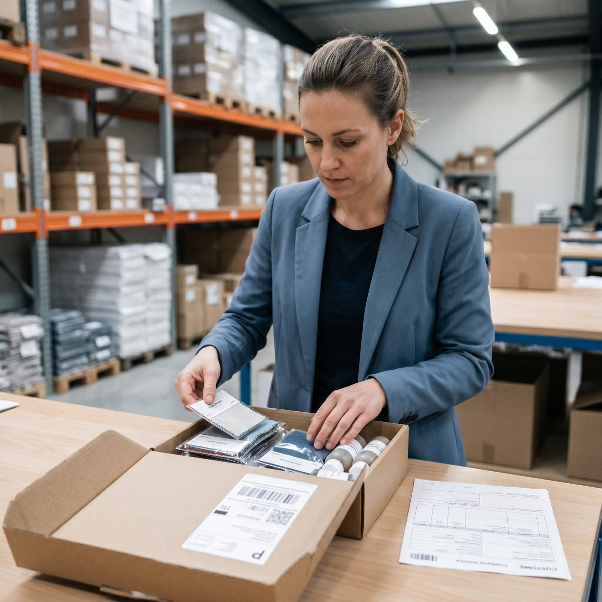 Geschäftsfrau verpackt Warenmuster und Materialproben in einen Karton mit Versandlabel für den internationalen Versand.