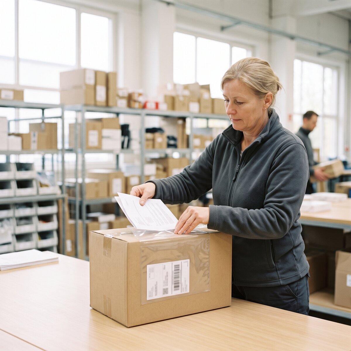 Versandmitarbeiterin legt die Proforma-Rechnung in die Dokumententasche eines versandfertigen Pakets