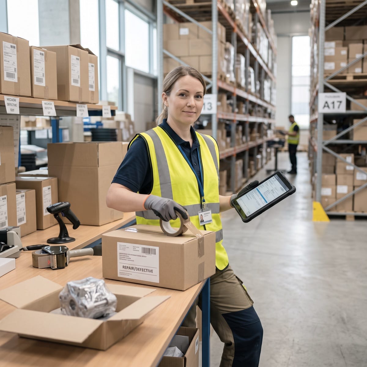 Lagermitarbeiterin verpackt ein defektes Bauteil als Reparatursendung und prüft die Versandpapiere auf einem Tablet.