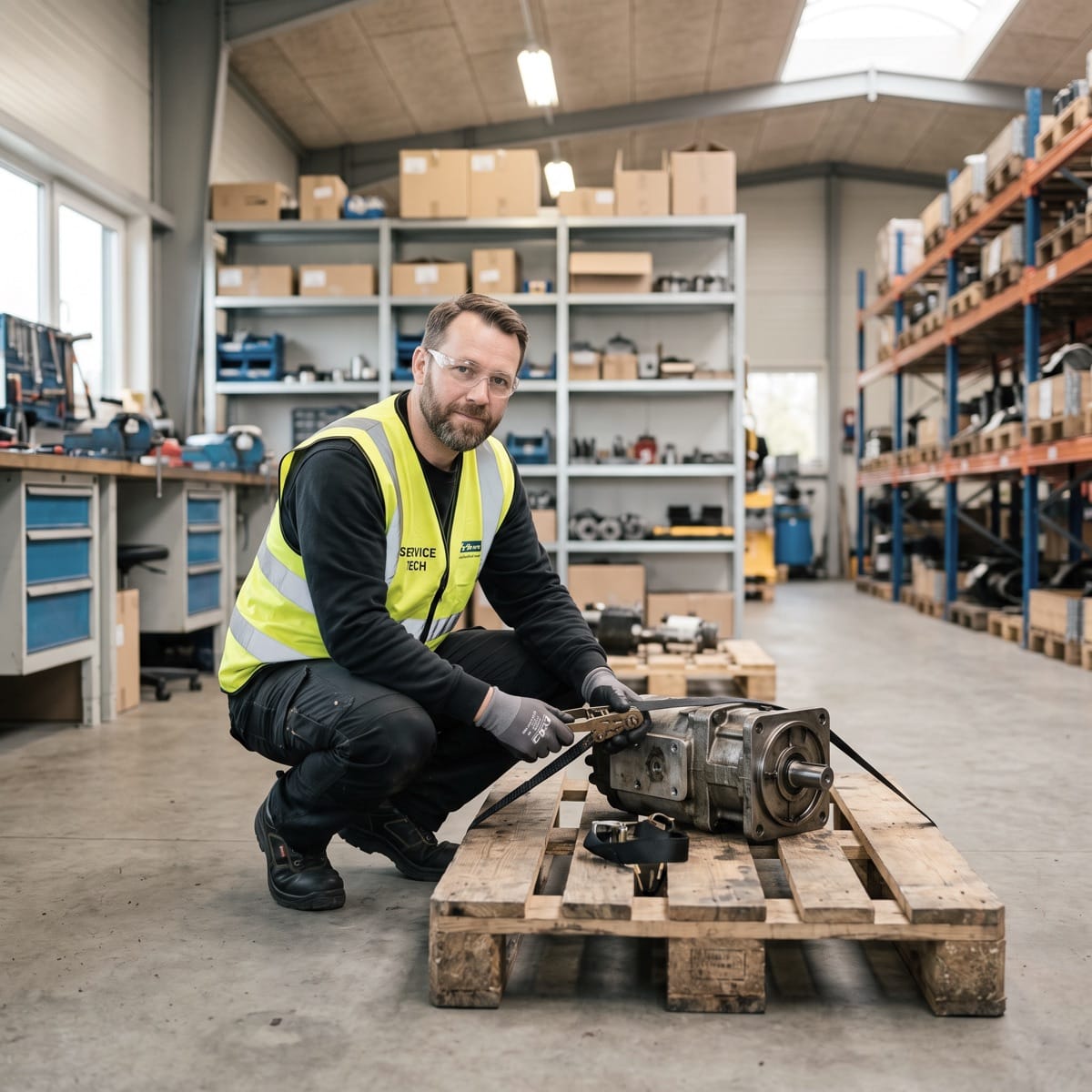 Servicetechniker sichert ein schweres Maschinen-Ersatzteil auf einer Palette im Ersatzteillager.