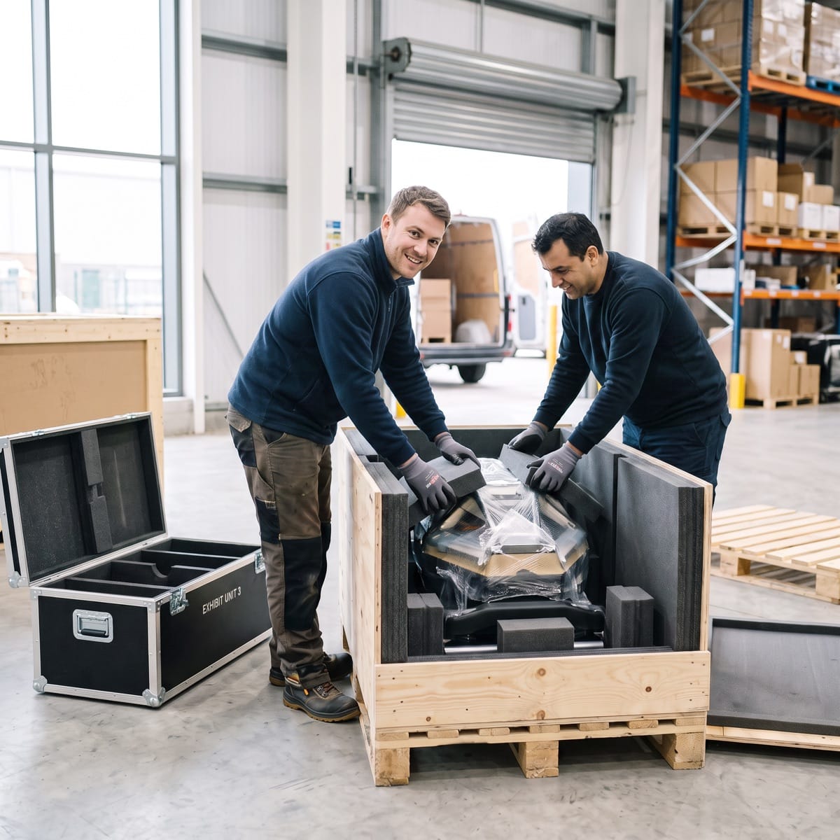 Zwei Mitarbeiter verpacken ein Messeexponat in eine gepolsterte Transportkiste für den Messeversand.
