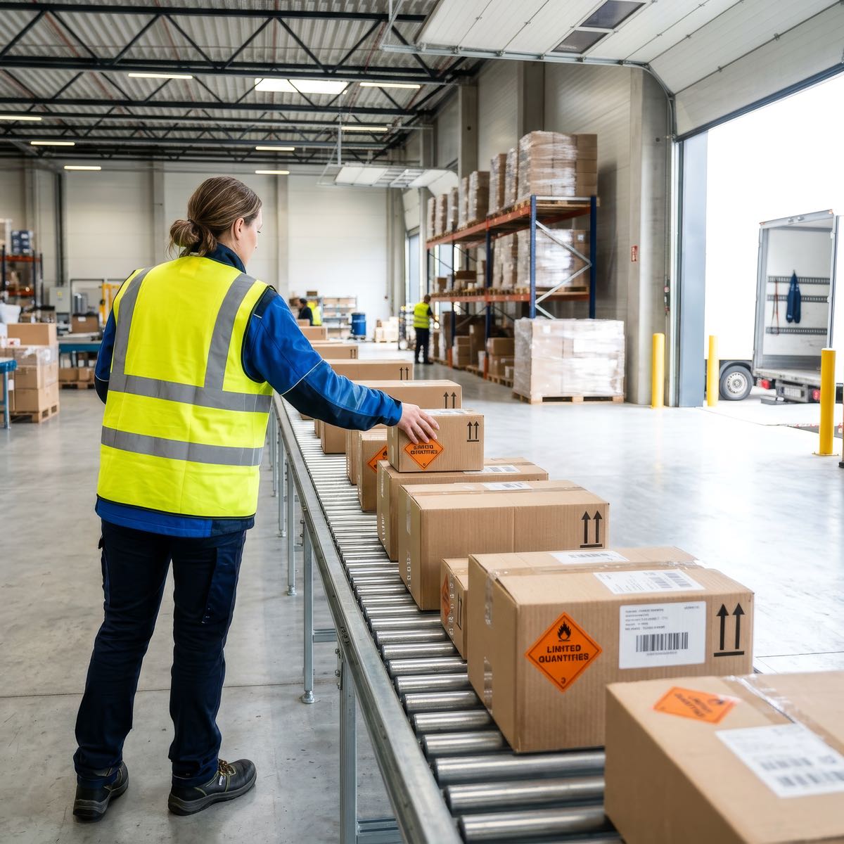 Lagermitarbeiter sortiert Gefahrgut-Versandstücke verschiedener Klassen im Versandlager – LetMeShip, nur für Unternehmen.