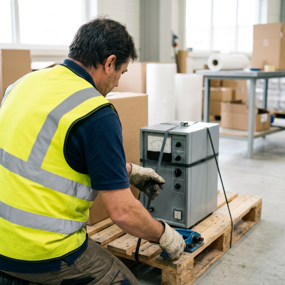 Technischer Mitarbeiter sichert ein Gerät mit Gefahrgut-Anteil aufrecht auf einer Palette – LetMeShip, nur für Unternehmen.