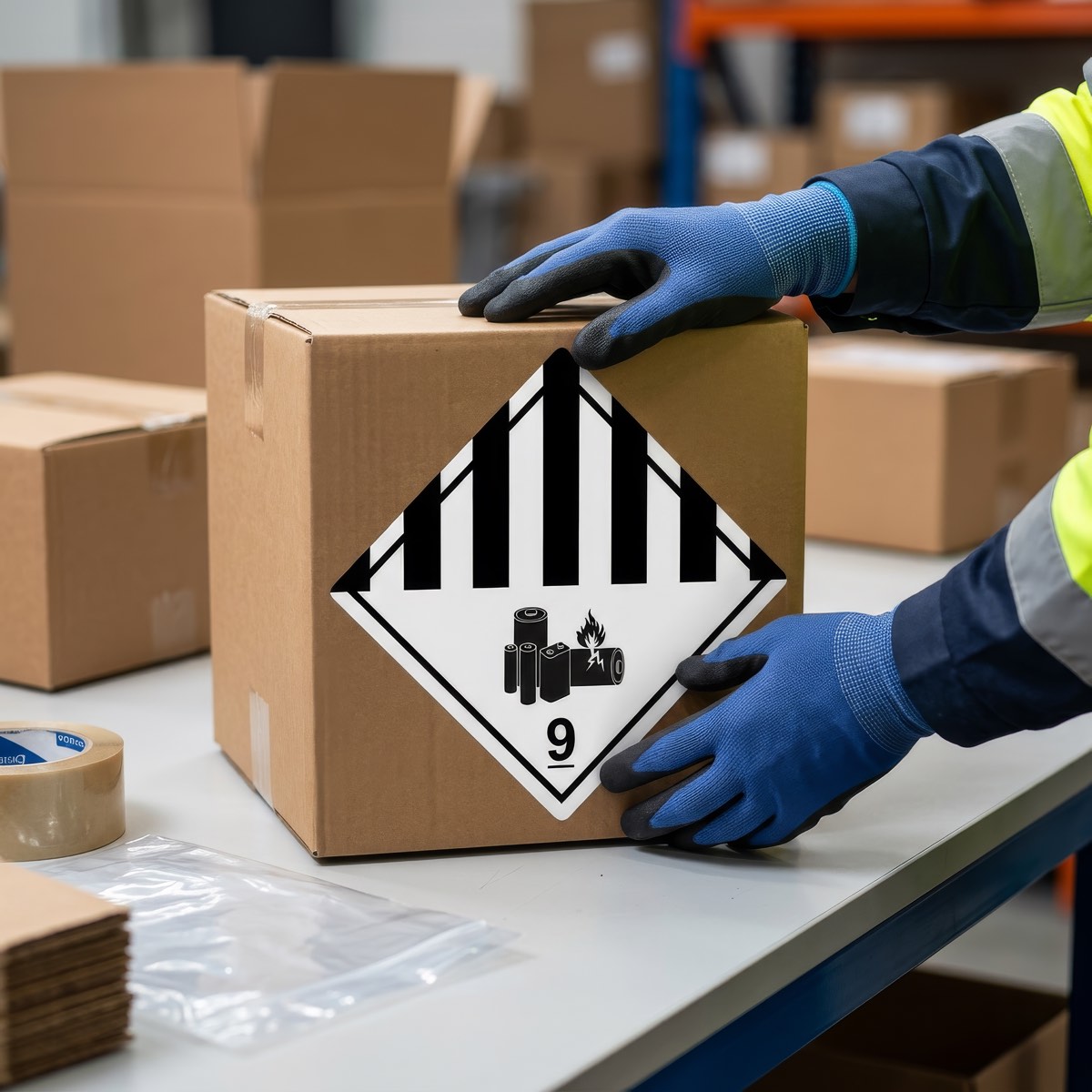 Mitarbeiterin bringt Gefahrgut-Kennzeichnung auf einem Versandkarton an – LetMeShip, nur für Unternehmen.