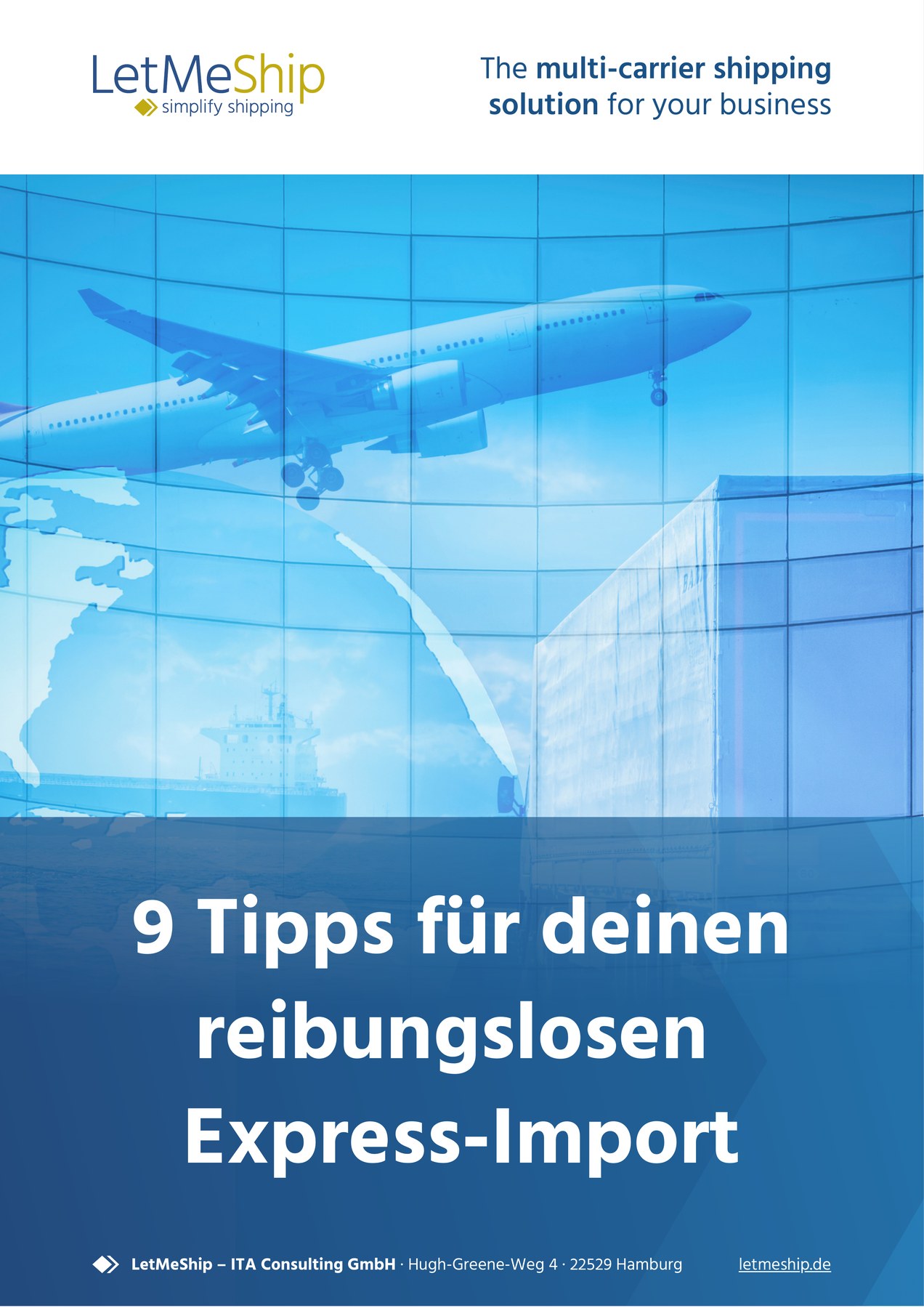 Titelseite des LetMeShip-Ratgebers zu Tipps für einen reibungslosen Express-Import mit Flugzeug-Motiv.