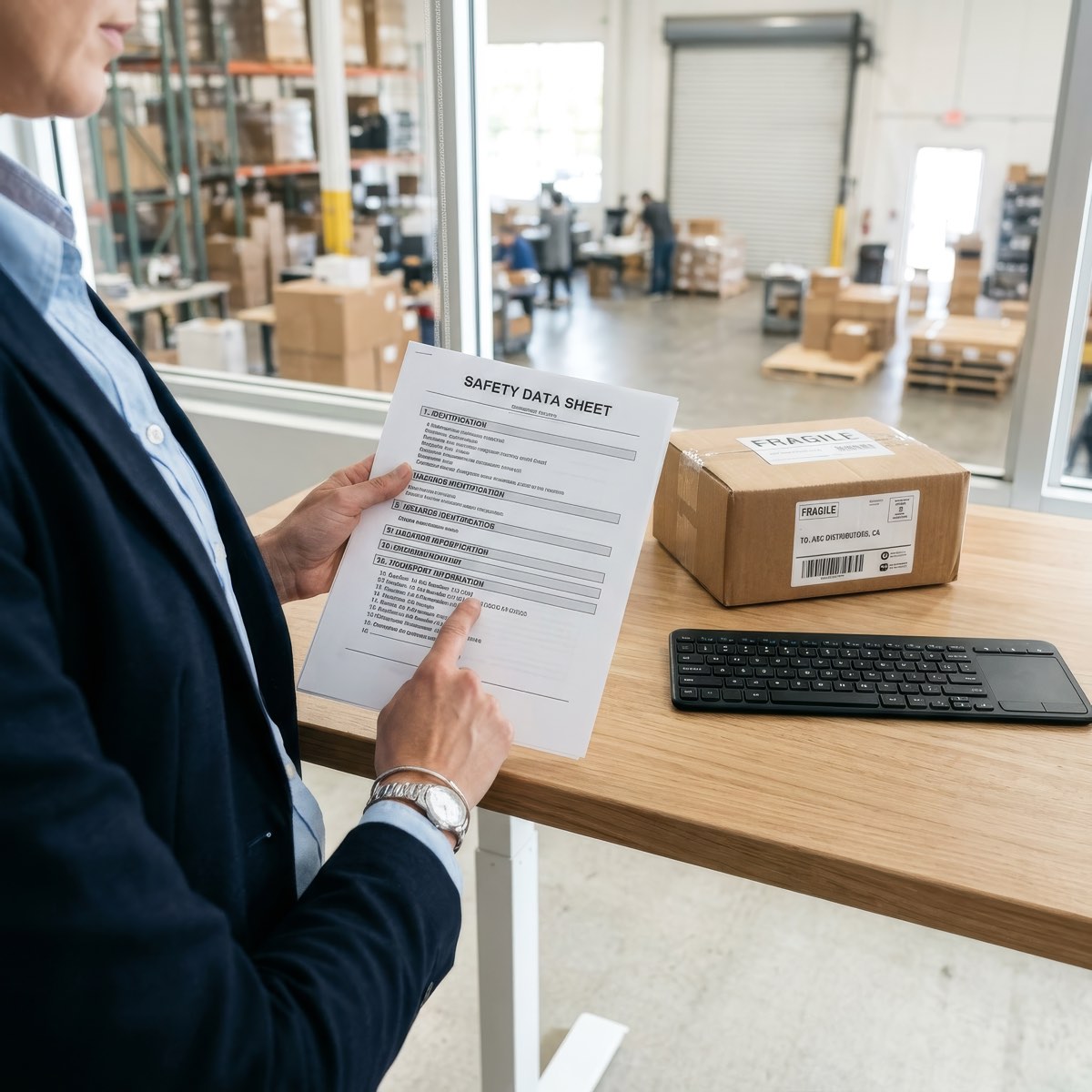 Versandmitarbeiterin prüft die UN-Nummer im Sicherheitsdatenblatt vor der Gefahrgut-Buchung – LetMeShip, nur für Unternehmen.