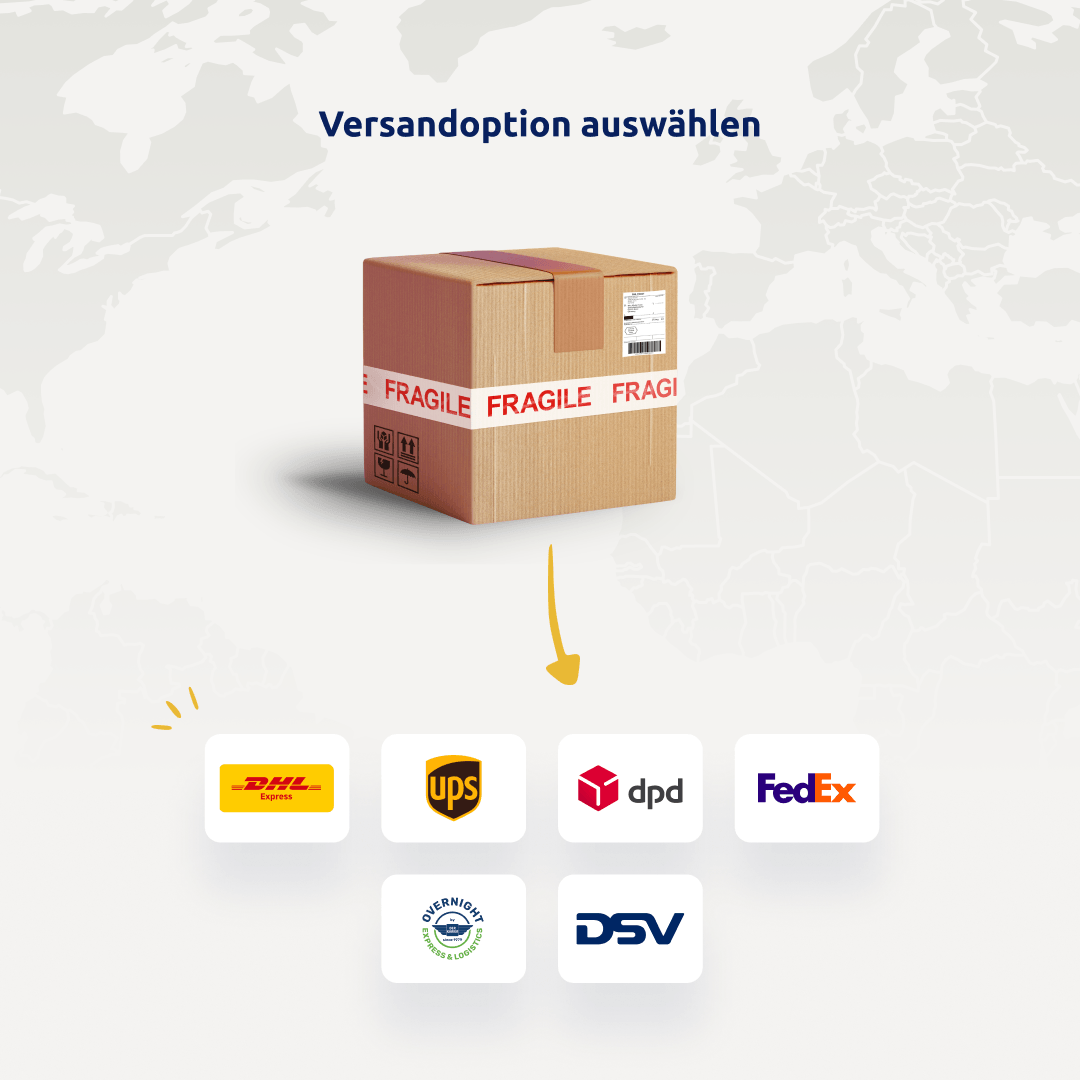 Einfach die passende Versandoption aus dem Carrier Portfolio von LetMeShip auswählen.