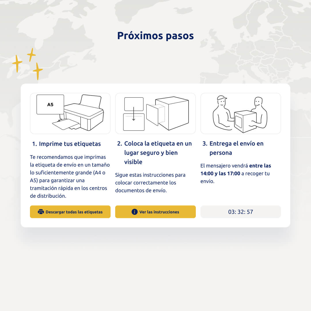 Reserva tu envío en 5 pasos - Paso 6 - Recogida del envío. La imagen muestra los siguientes pasos tras la reserva. 4: Selecciona las opciones de envío. La imagen muestra la pantalla para elegir la hora de recogida.